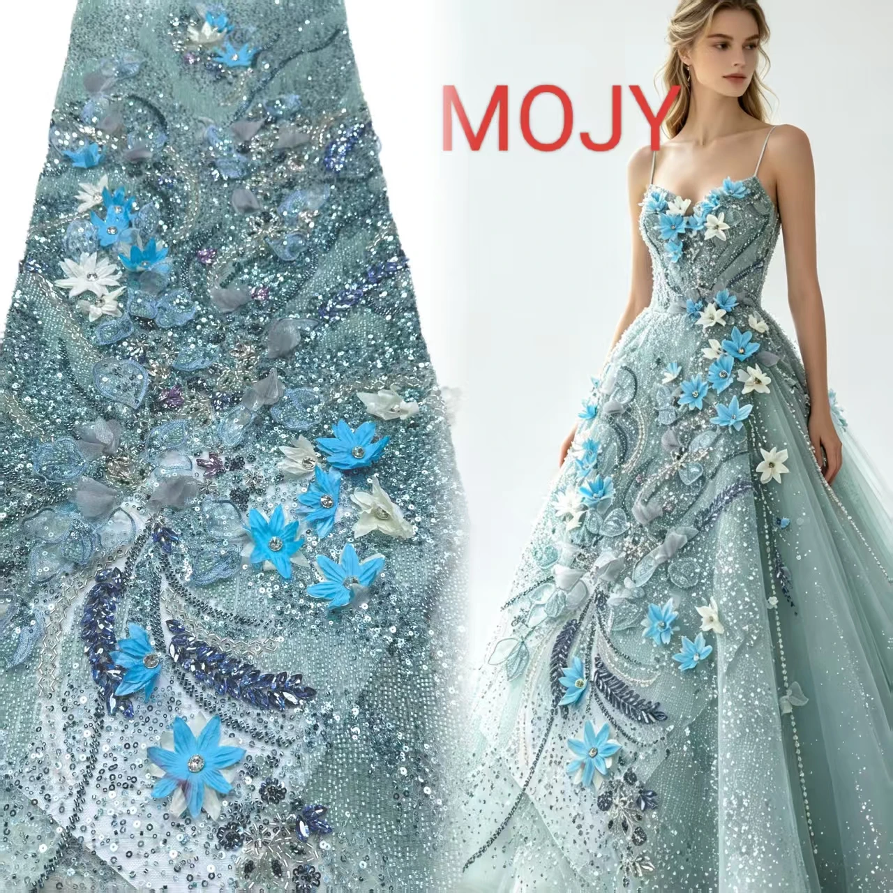 3D Flower Beaded Lace Fabric Turquoise Sequins Embroidery Tulle Fabric Crystal Rhinestone Mesh For Bridal Gown Party Dress