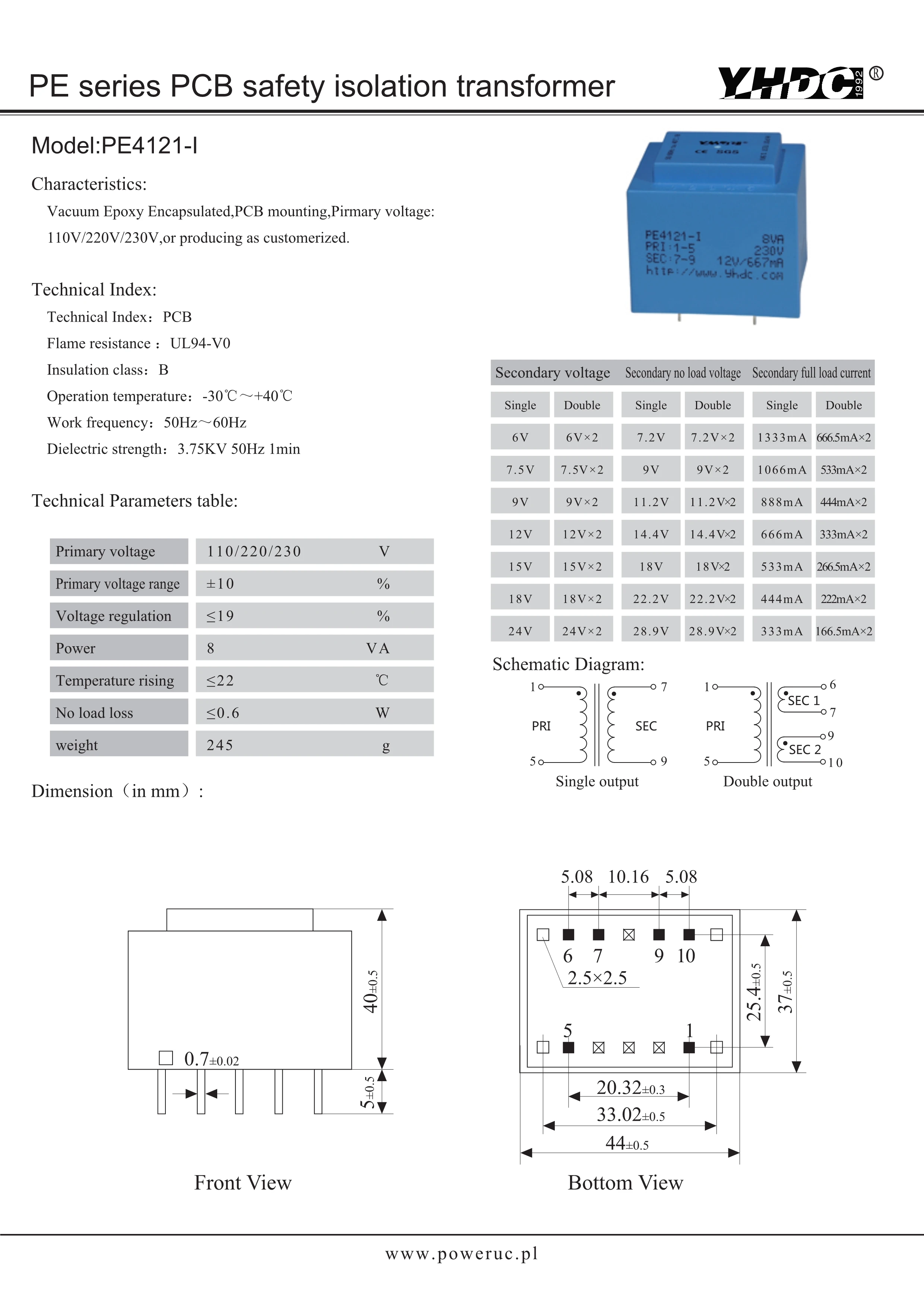 YHDC PE4121-I Power 8VA  220V  2x6V/2x7.5V/2x9V/2x12V/2x15V/2x18V/2x24V Epoxy Encapsulated PCB Welding Isolation Transformer