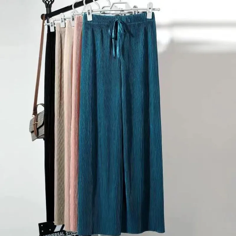 Summer Wide Leg Pants For Women Casual Elastic High Waist 2022 New Fashion Loose Long Pants Pleated Pant Trousers Femme