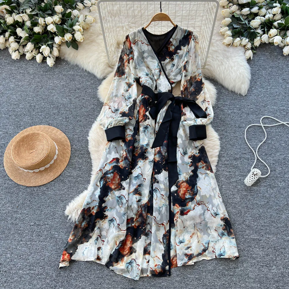 

Шикарный винтажный винтажный принт с v-образным вырезом и длинными рукавами, элегантный сказочный корейский модный сарафан, женская одежда, длинное платье