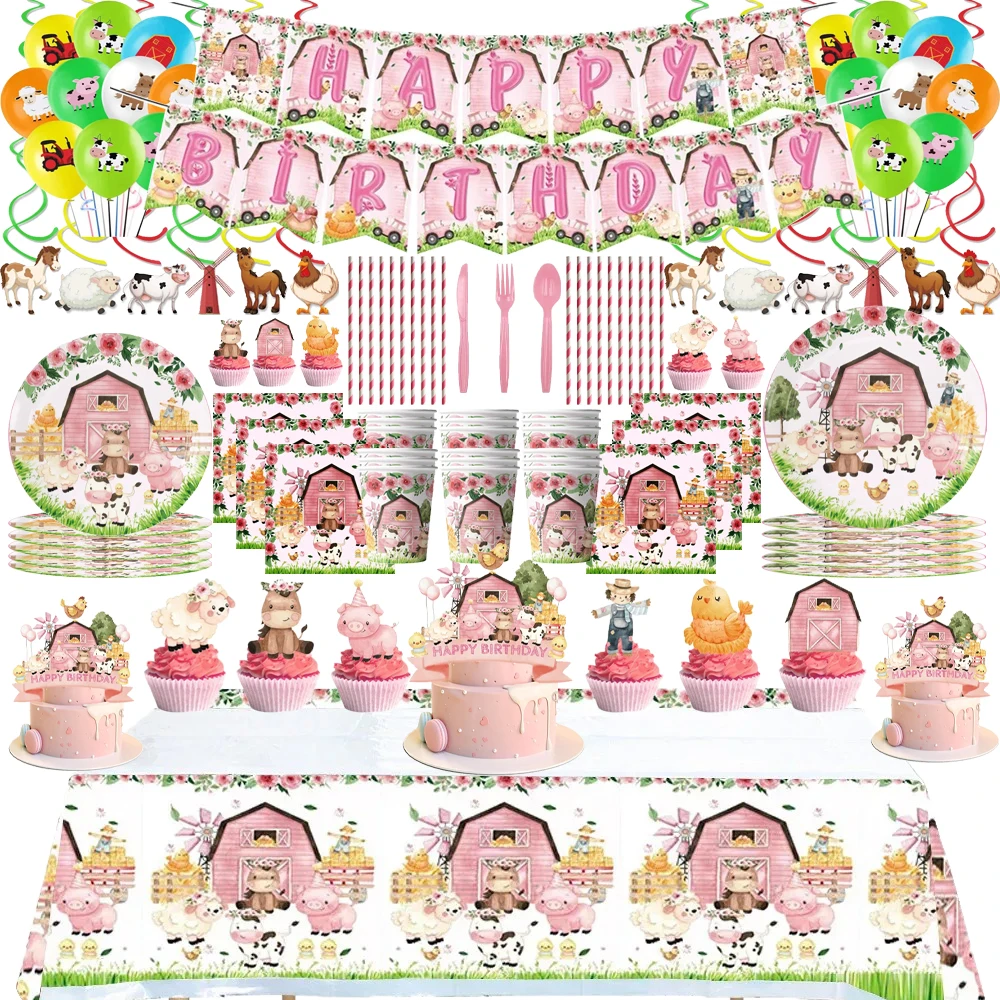 

Pink Farm Birthday Party Decorations Disposable Tableware Paper Cups Plates Napkin Tablecloths Kids Party Supplies Baby Shower