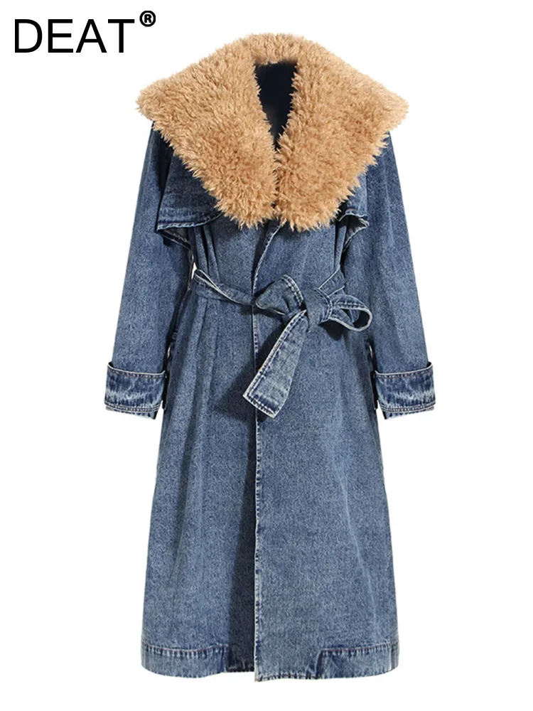 

DEAT Fashion Women's Denim Trench Coat Detachable Fur Collar Loose Sashes Long Sleeve Vintage Overcoat Winter 2024 New 7AB403H