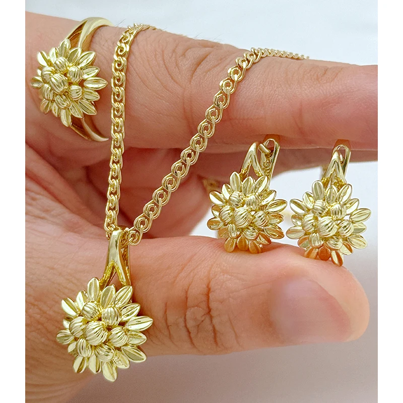 Kinel Hot 14K Real Gold Plating Necklace Earrings Ring for Women Unique Pattern Ethnic Bride Accessories Vintage Jewelry Sets