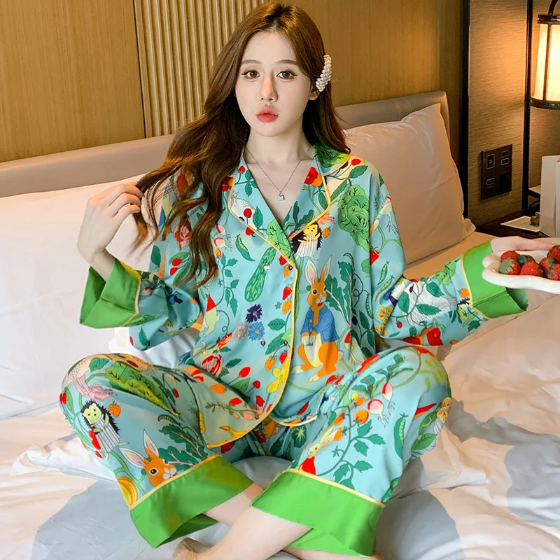 Loose Luxury Silk Pajamas for Women Forest Print Home Suit Stain Long Sleeve Pants Pajama Set Woman Sleepwear Pijama Mujer New