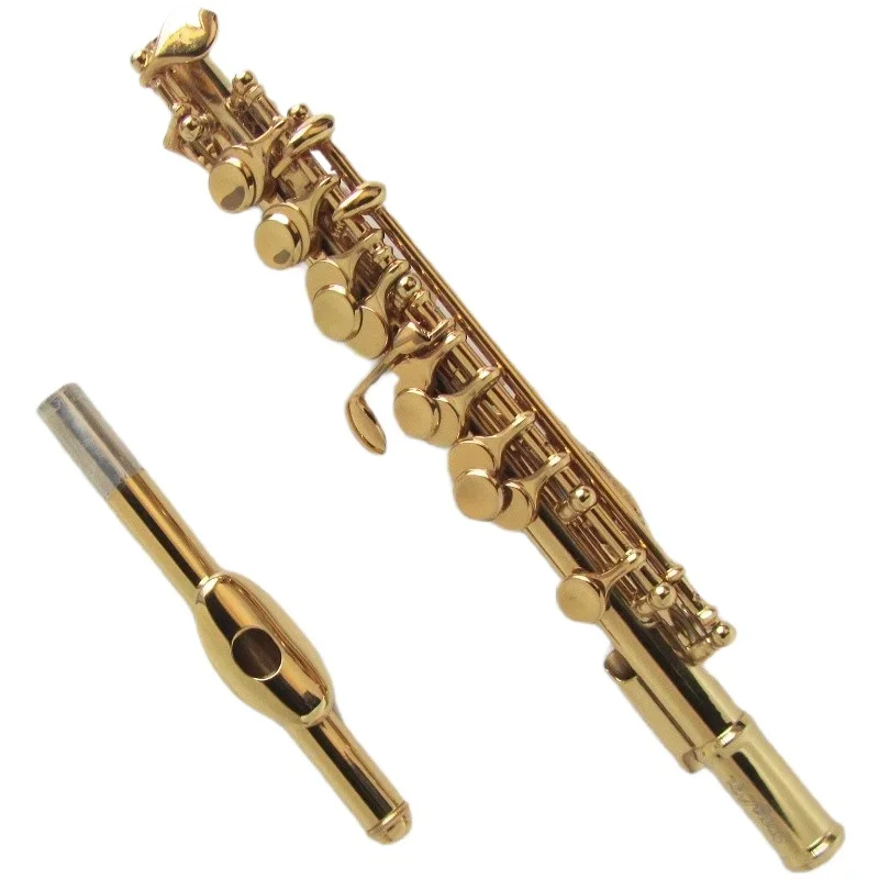 Gold-plated piccolo in key C, musical instrument piccolo, white brass tube body gold-plated piccolo