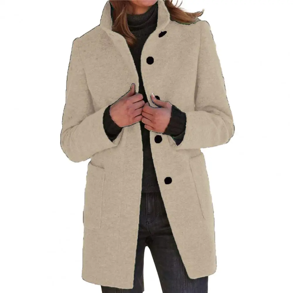 

Long-sleeved Woolen Jacket Solid Color Stand Collar Coat Stylish Women's Mid Length Solid Color Overcoat with Stand for Fall