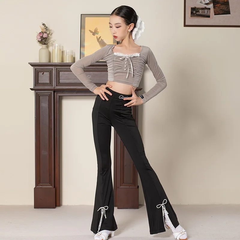 

Тренировочная одежда для латинских танцев для девочек, детский укороченный топ с длинными рукавами, черные расклешенные брюки, одежда для практики ча-ча-румбы, одежда для латинских танцев 4891