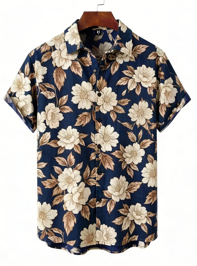 

Luxury Dandy Camellia Pattern Print Short Sleeve Shirt Refined Polished Casual Outfit Wear Perfect For Summer Holidays