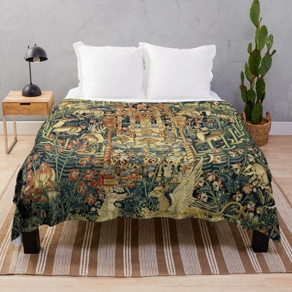 SOURCE OF LIFE Verdure with Forest Animals in Private Garden, Floral Medieval Tapesty Throw Blanket Travel Flannels Blankets