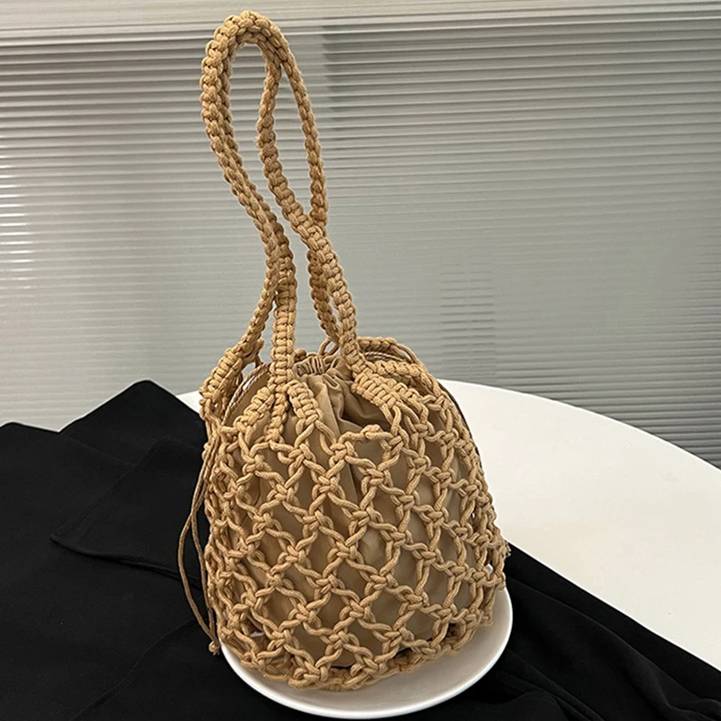 Summer Beach Bag For Women Mesh Rope Knitted Bucket Shoulder Bags  Reticulate Hollow Travel Shopper Totes Ladies Fashion Handbag