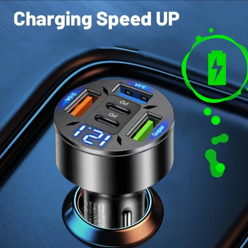 66W Car Charger QC 3.0 USB Type-c Quick Charging 5-Port USB A+USB C Fast Charging Cigarette Lighter Adapter For IPhone