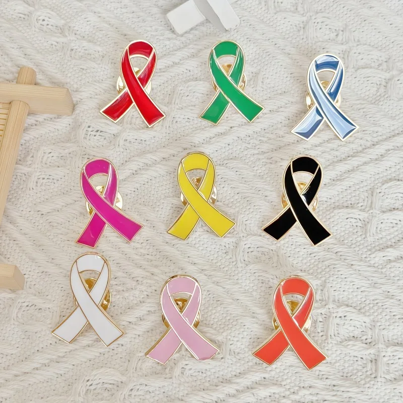 10PCs Ribbon Pins Broches Love Care HIV AIDS Pink Ribbon Against Breast Cancer Lapel Badge Golden Dripping Oil Brooches