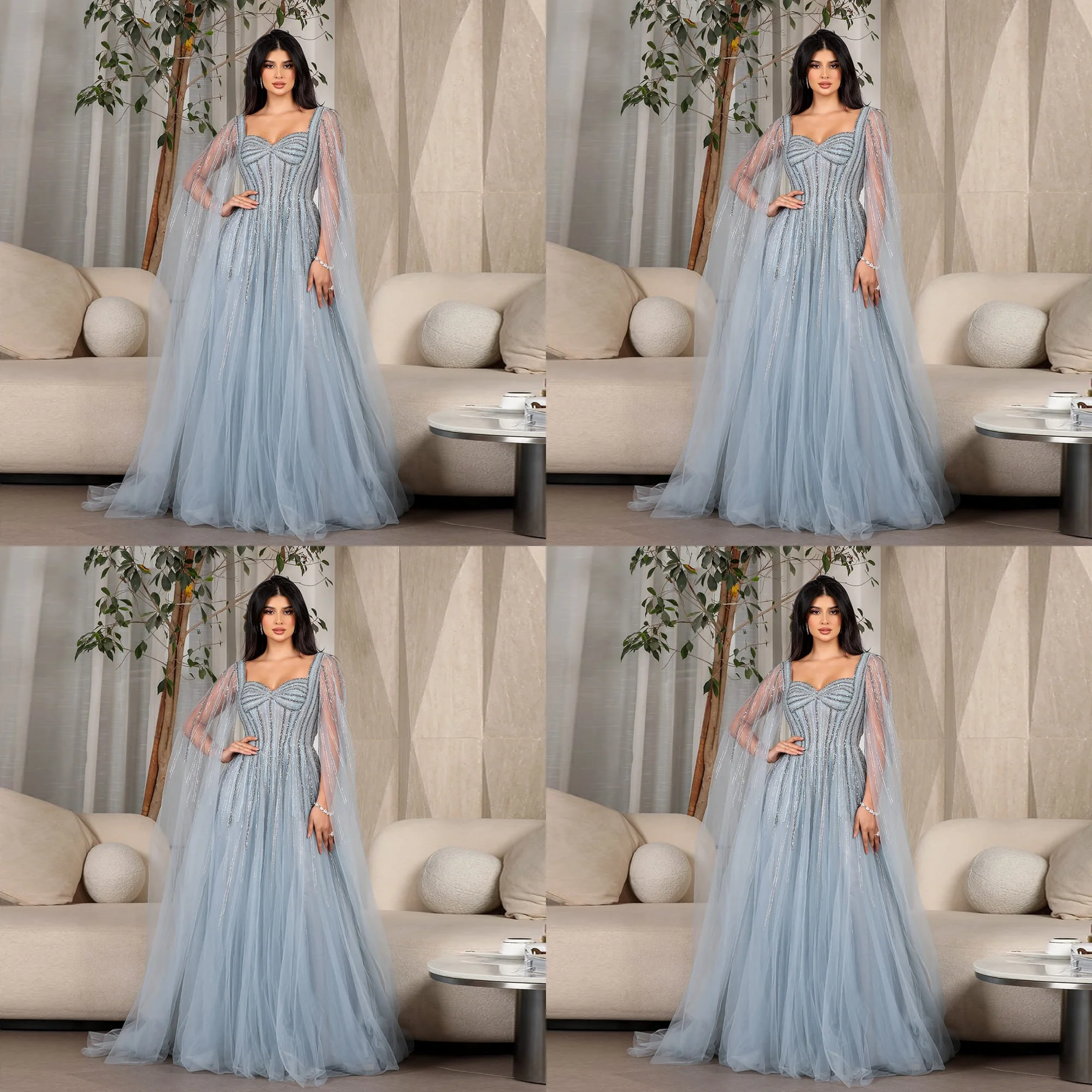 

Glamorous Sweetheat Collar Tulle Beading Sparkly A-line Saudi Dress Cape Backless Long Evening Dress with Court Party Dress