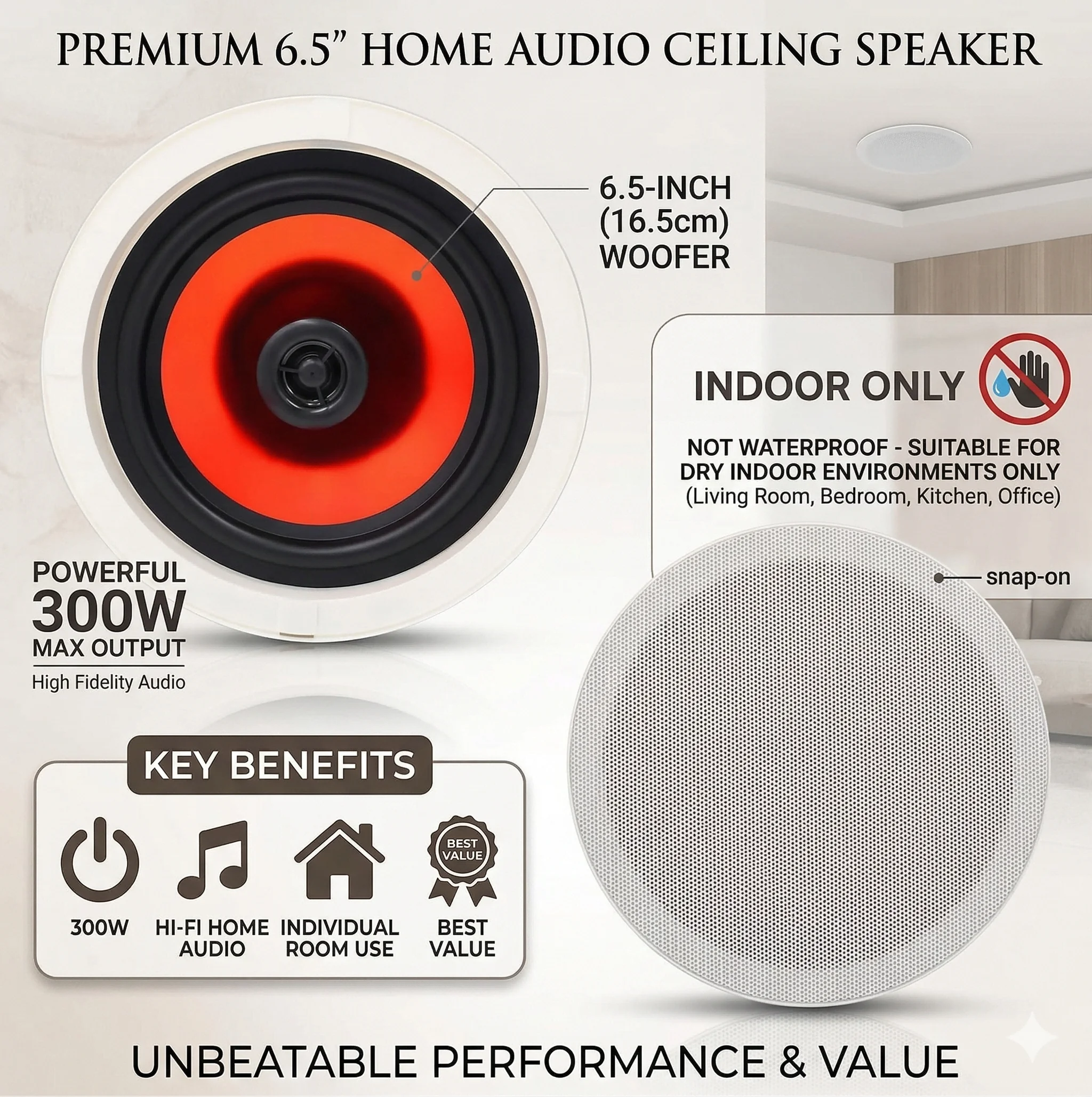 

Herdio 6.5 Inch 300W Passive In-Ceiling Speakers 2-Way Flush Mount for Kitchen Bedroom Porch Indoor & Outdoor Use