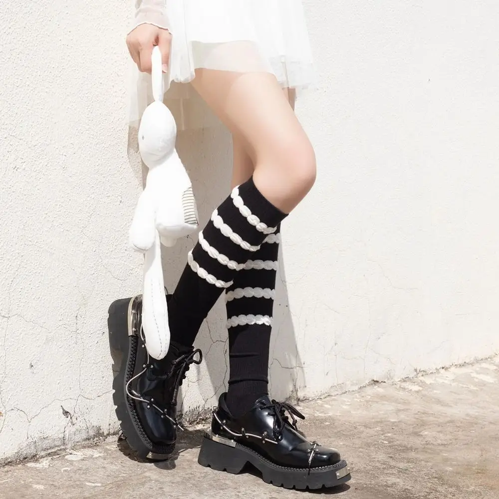 

Thick Women Stockings Elegant Mid-calf Stripe Jk Stockings Solid Color Lolita Calf Socks Party