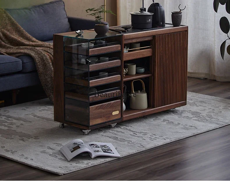 

Black Walnut Wooden Teaware Storage Display Cabinet Made of Glass Storage Cabinet Removable Solid Wood Tea Side Cabinet