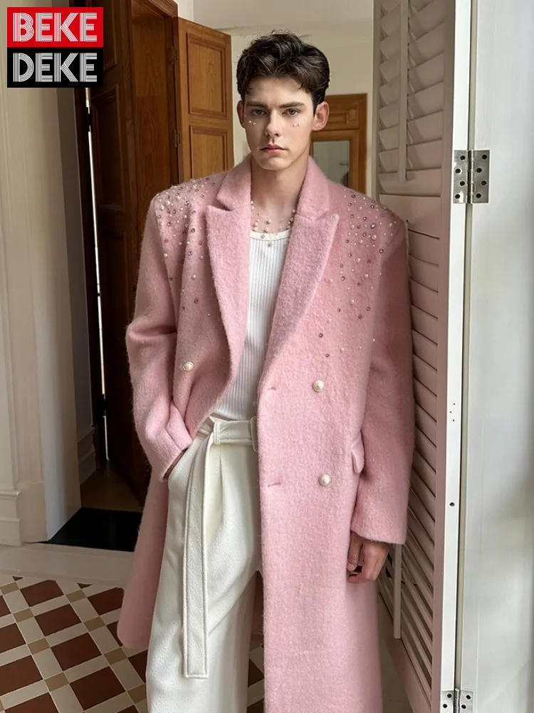 

Модное мужское розовое шерстяное пальто, двубортное свободное прямое длинное пальто, осень-зима, пальто с бриллиантовым жемчугом в корейском стиле, мужское пальто