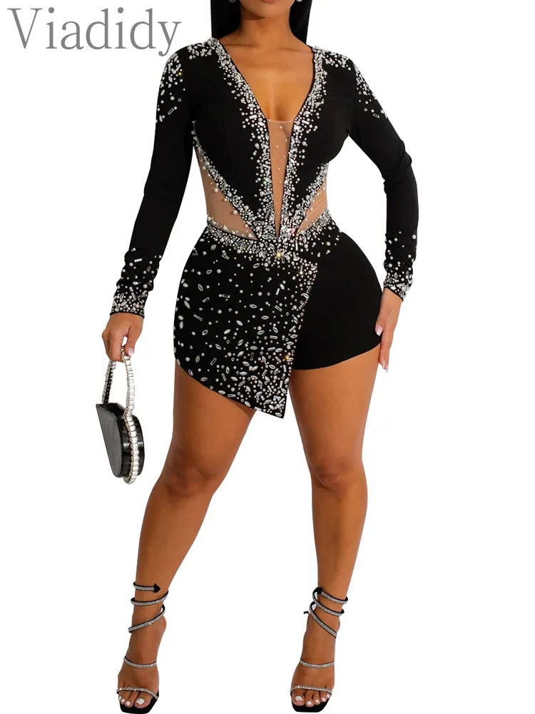 Frauen Sexy Strampler V-ausschnitt Mesh Strass Dünne Langarm Playsuits