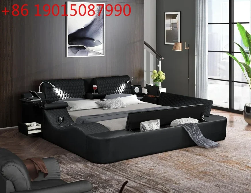

Умная кровать King Size, многофункциональная кожаная кровать-реклайнер с массажем, регулируемым изголовьем, музыкальной колонкой, USB-портом и местом для хранения