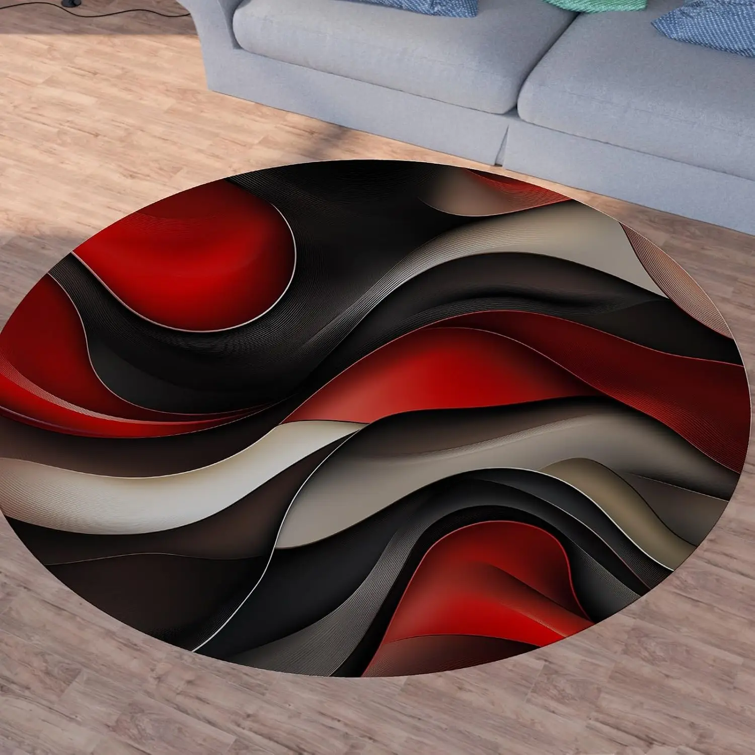 Abstract Fluid Waves Round Carpet Red Black Geometric Circular Area Mat Nordic Minimalist Bedroom Living Room Decor Underlay