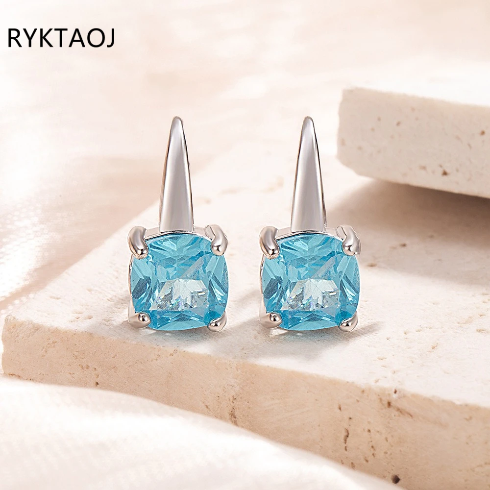 925 Sterling Silver Cushion Cut Blue Cubic Zirconia Huggie Earrings for Women Leverback Drop Earrings Wedding Party Jewelry Gift