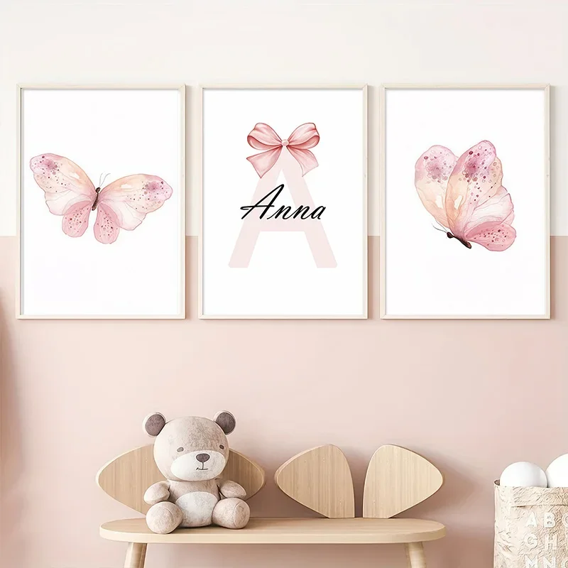 Baby Custom Name Butterfly Posters Personalized Pink Girls Room Decorative Canvas painting Nuesery Kids Bedroom Wall Art Decor