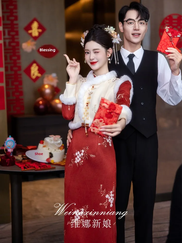 

Bride's Set with Fur Collar Engagement Wedding Dr New Chinese Sle Return Home Suit Long Sve Vintage Sle