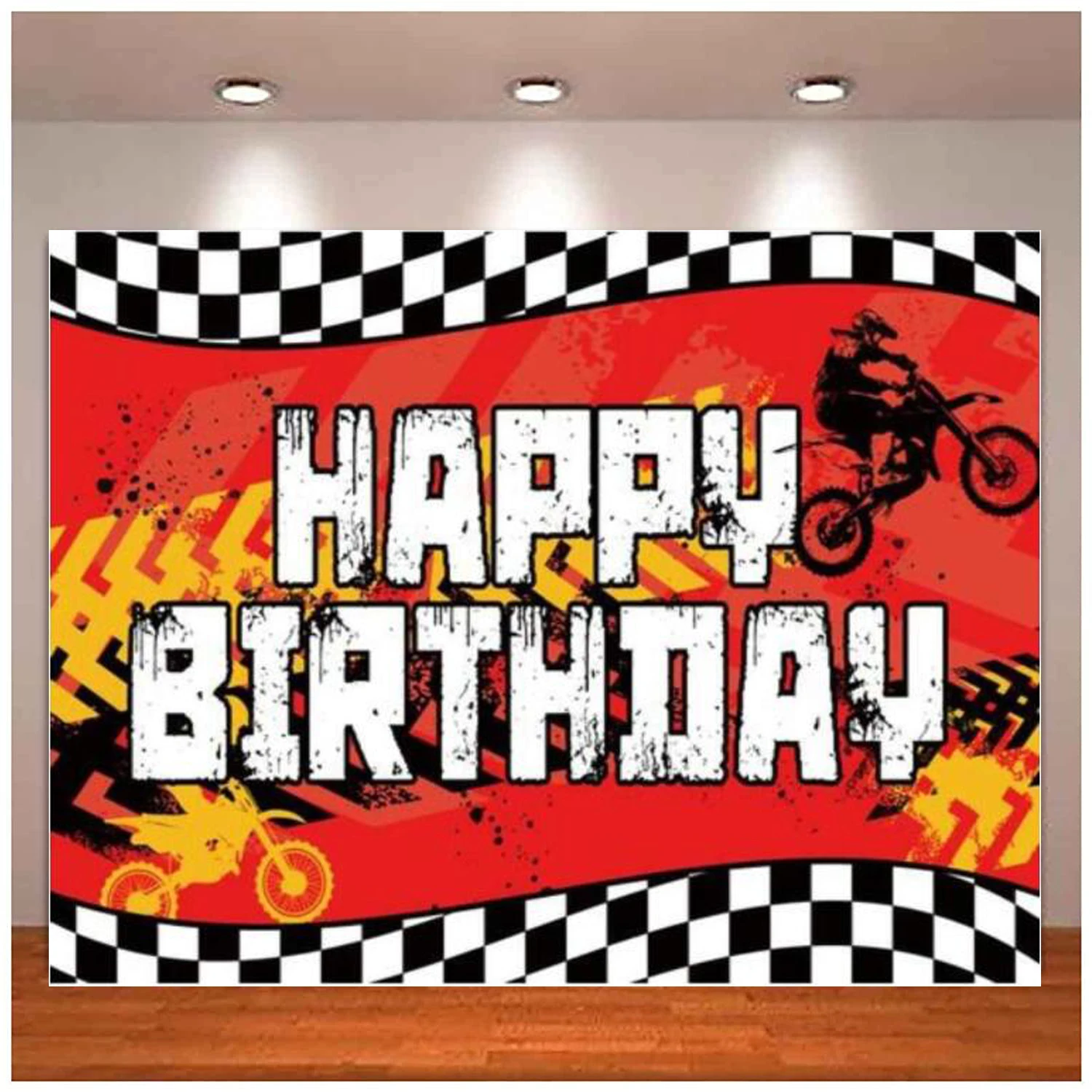 

Dirt Bike Birthday Photography Backdrop Motocross Racing Lane Background Boy Car Party Supplies Black White Checkered Flag Decor