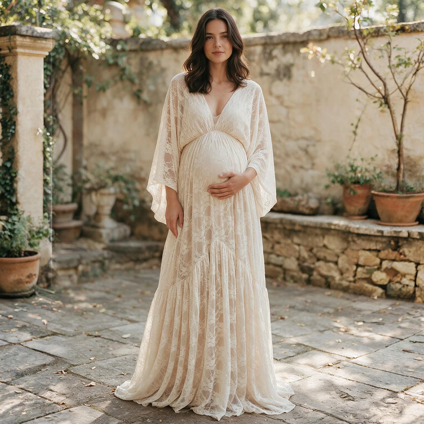Boho Deep V-Neck Lace Maternity Baby Shower Dress with Bell Sleeves Pregnancy Photoshoot Dress