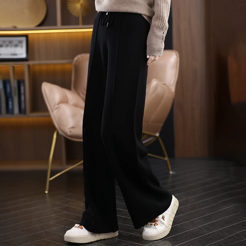 Casual and Comfortable Bestseller Ladies 100% Cashmere Wool Wide Leg Pants Solid Color Ladies Knit Pure Wool Wide Leg Pants New