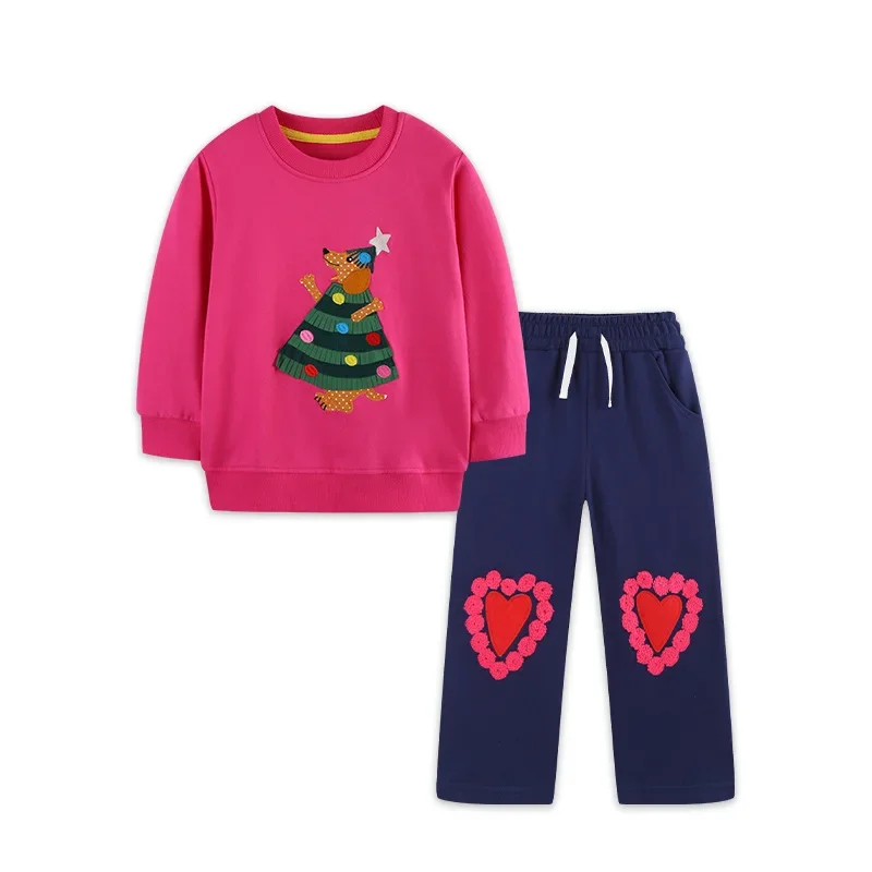 Toddler Girls 2Pcs Clothes Set 100% Cotton Christmas Tree Dog Sweatshirt Heart Decor Straight Pants Kids Casual Tracksuit