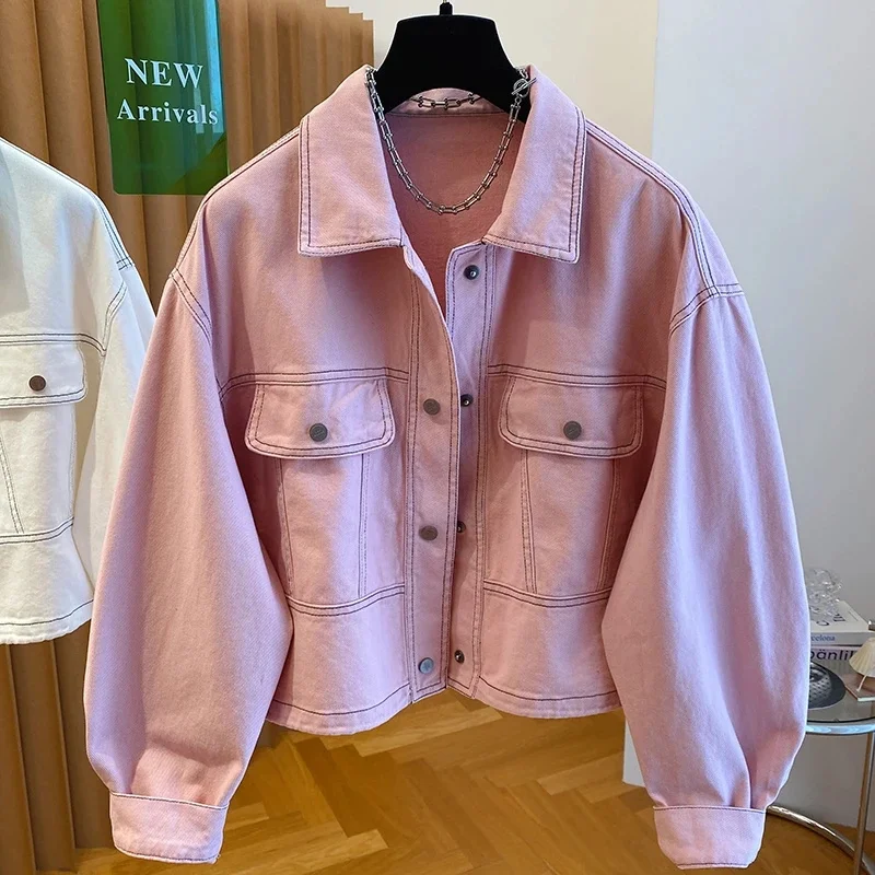 

2025 New Spring Autumn Women's Denim Jacket Korean Fashion Pink Single-Breasted Cowboy Coats Female Outerwear Casual Ladies Tops