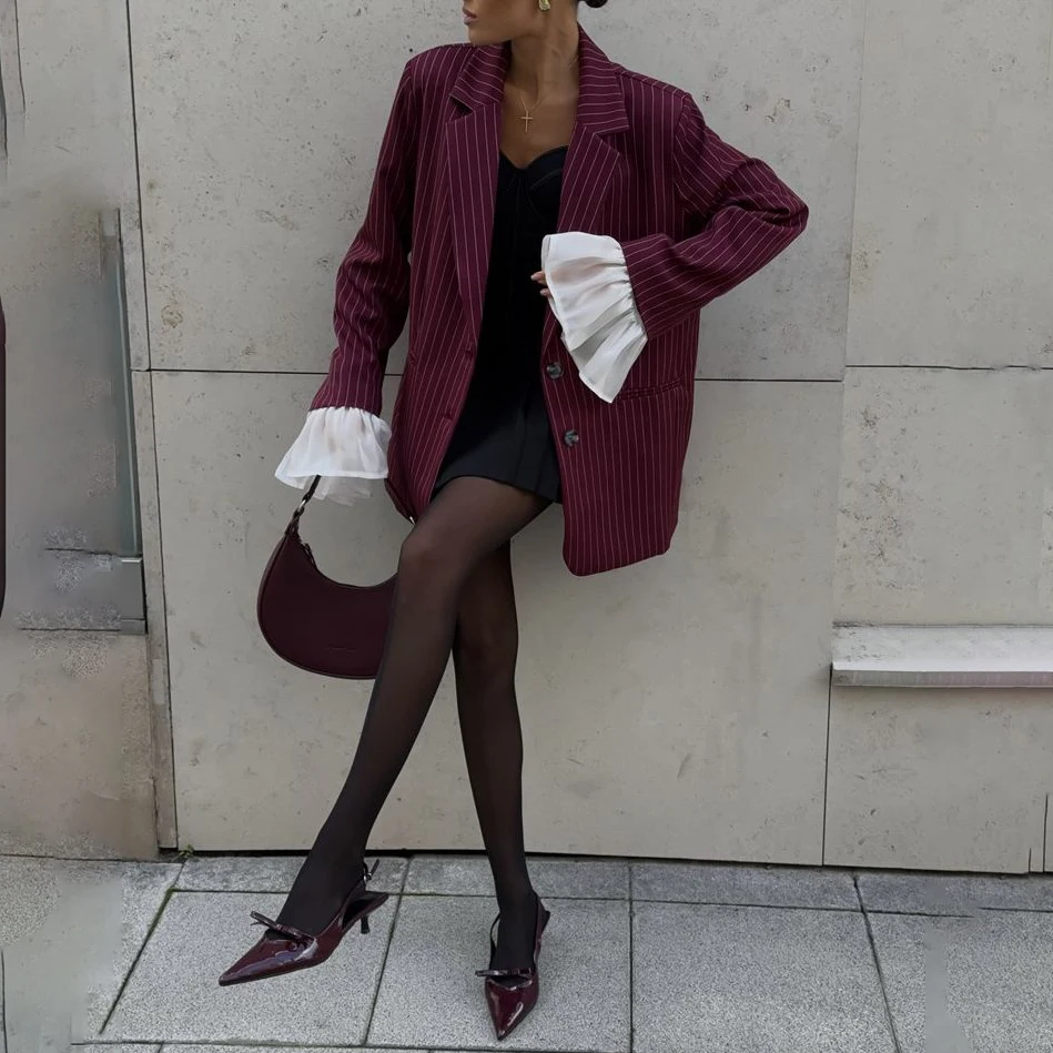 

2026 Spring Women Elegant Coat New Long Sleeve Striped Blazers Loose Burgundy Luxury Blazer Women Clothing Causal Outerwears