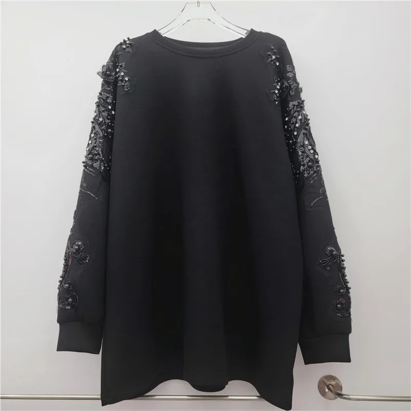 

Осень 2024, новый европейский модный свитшот с блестками из бисера, женский свободный топ для похудения, пуловеры кофейного цвета