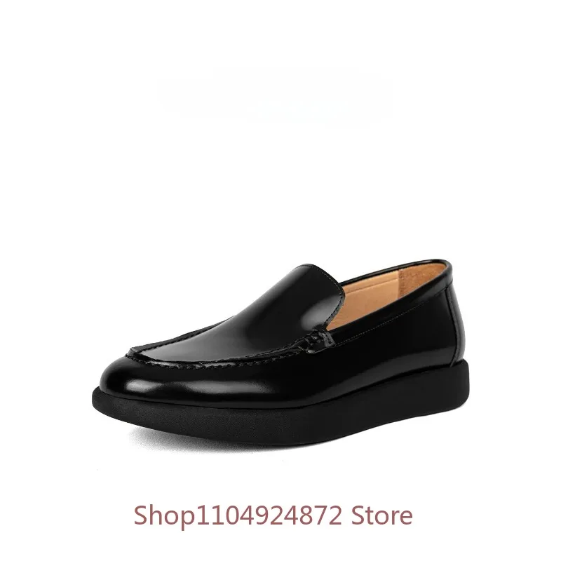 Men's Casual Leather Shoes Slip‑on  Dress Thick Sole Business Office Formal Loafer Shoes Male Walking Platform Flats Black
