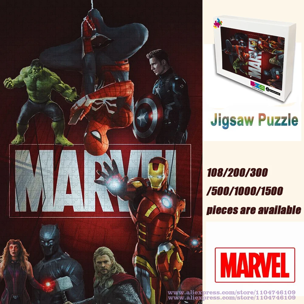 

Пазл с персонажами Marvel, 108/200/300/500/1000/1500 шт., интеллектуальные пазлы для детей и взрослых, уникальные подарки на день рождения