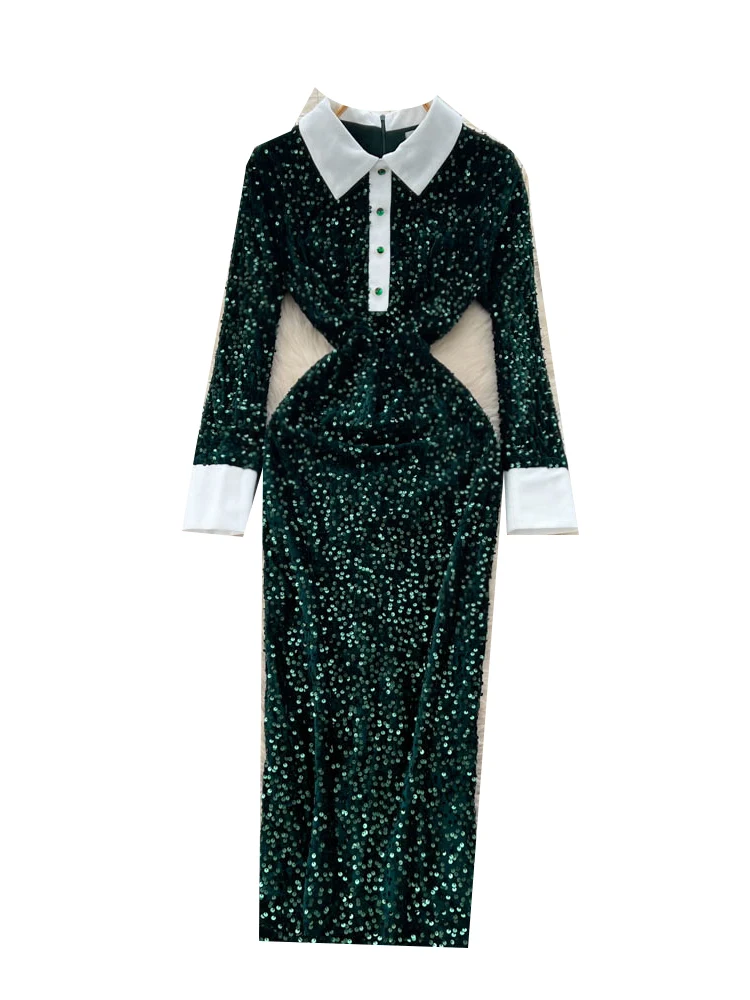 Ele High-End Women's Long Sve Dr with Stand Collar Slimming iny Sequins Bodycon Skirt Polyester Fiber High Waist