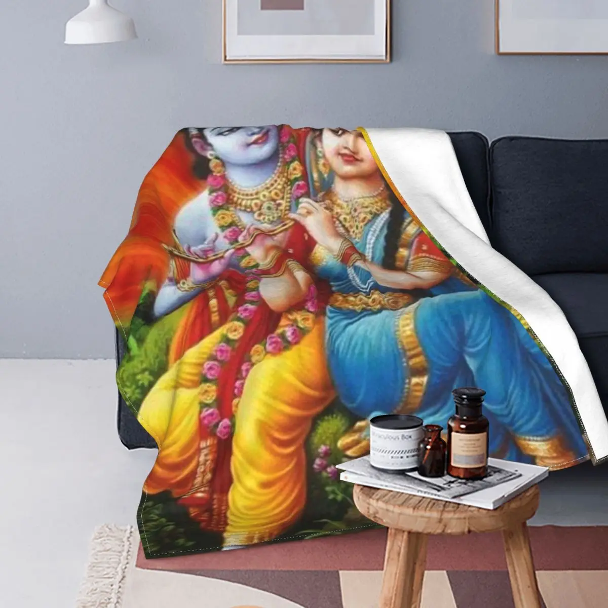 Indian God Krishna Radha Knitted Blanket Flannel Goddess of Love Hindu Warm Throw Blankets for Bedroom Sofa Bed Rug