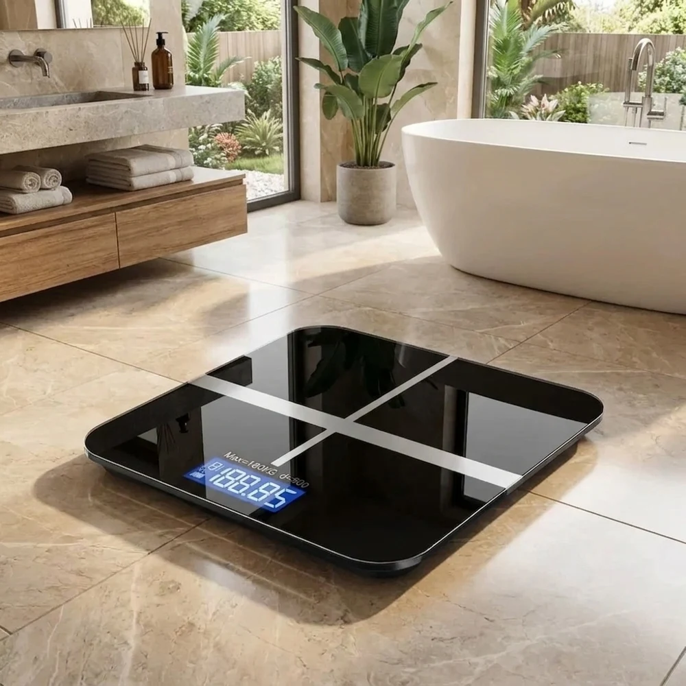 Digitale Körperwaage, hochpräzises LCD-Display, klare Anzeige, automatisches Ein-/Ausschalten, Plattform aus gehärtetem Glas, genaue Waage F