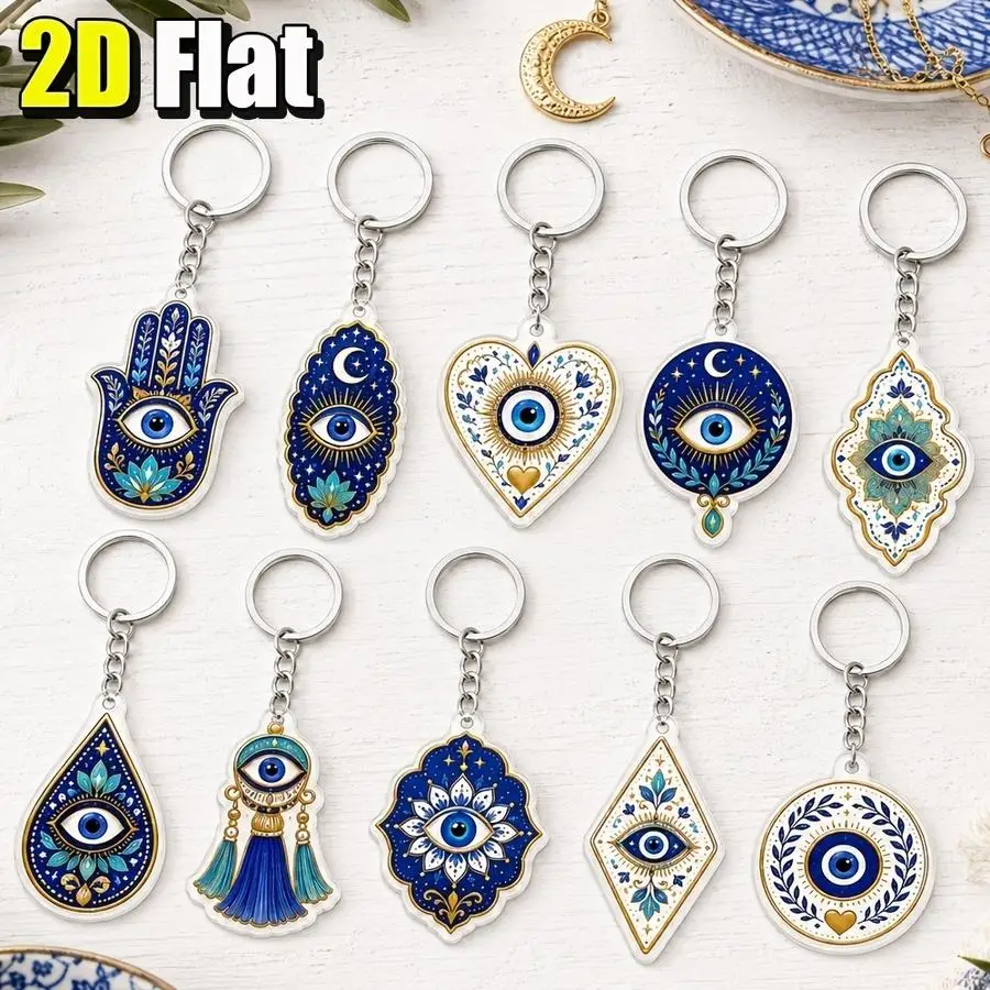 1/5/10/20/50/100pcs 2D Design, 2DFlat 10-Piece Set of Acrylic Keychains: Greek Eye, Turkish Amulet, Blue Eye and Hamsa Hand Desi