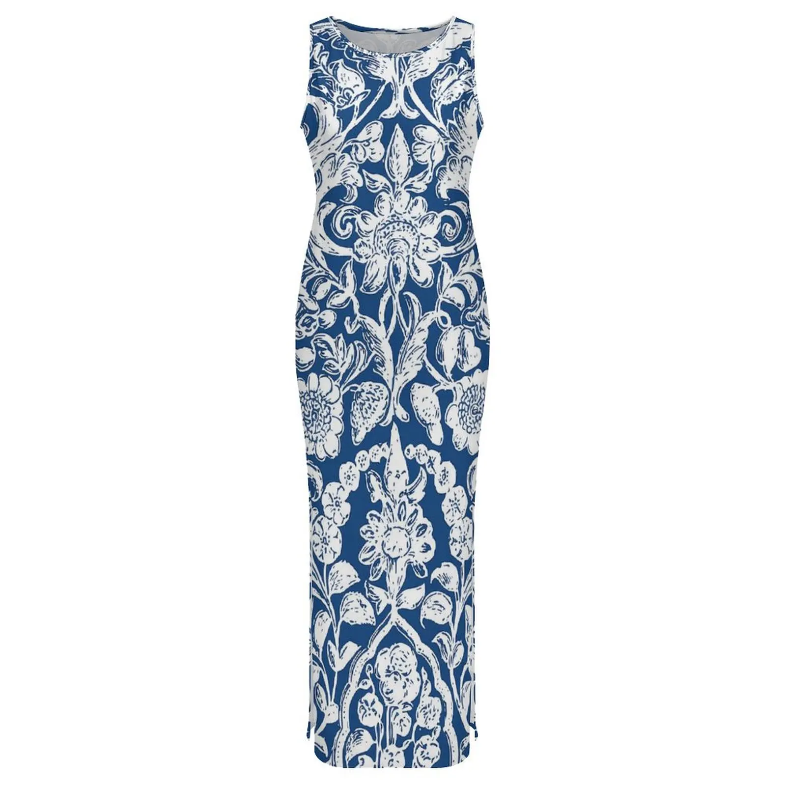Antique Floral Dress Sleeveless Blue And White Casual Y2k Maxi Dresses Elegant Bodycon Dress Women Design Oversized Clothes
