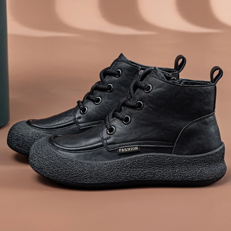 

Модные женские ботинки на шнуровке с боковой молнией, осенне-зимние, теплые, нескользящие, удобные, большие размеры до 43, с круглым носком, на плоской подошве