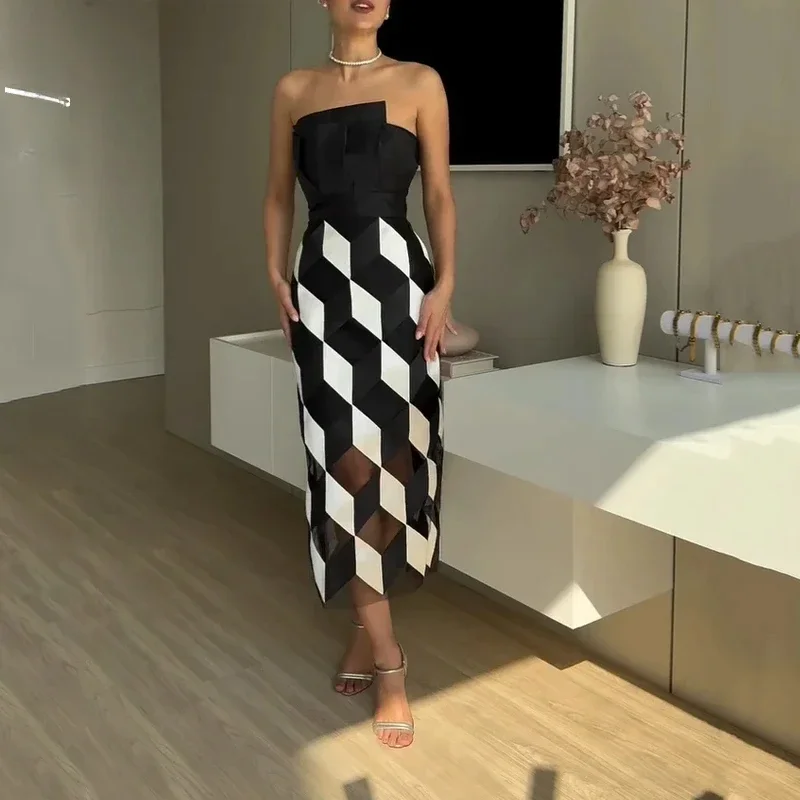 

Midi Dress Women Fashion Sleeveless Tube Nipped Waist Contrast Multifaceted Printed Evening Party Dresses Streetwear