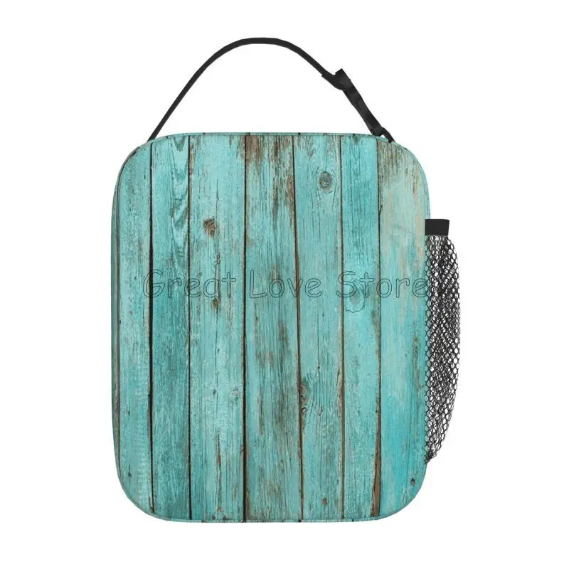 낡은 청록색 나뭇결 절연 점심 가방 여성용 남성용 재사용 가능한 방수 열 도시락 토트 백 작업 여행 피크닉