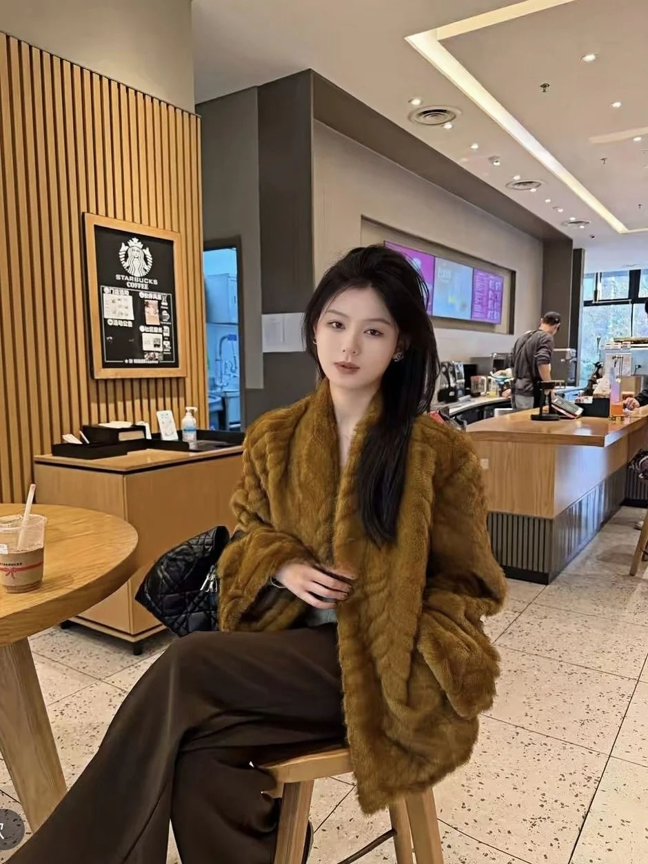 Eco-friendly ouro le casaco de pele de vison solto casual sle calor acolchoado padrão alegre efeito de emagrecimento inverno outerwear