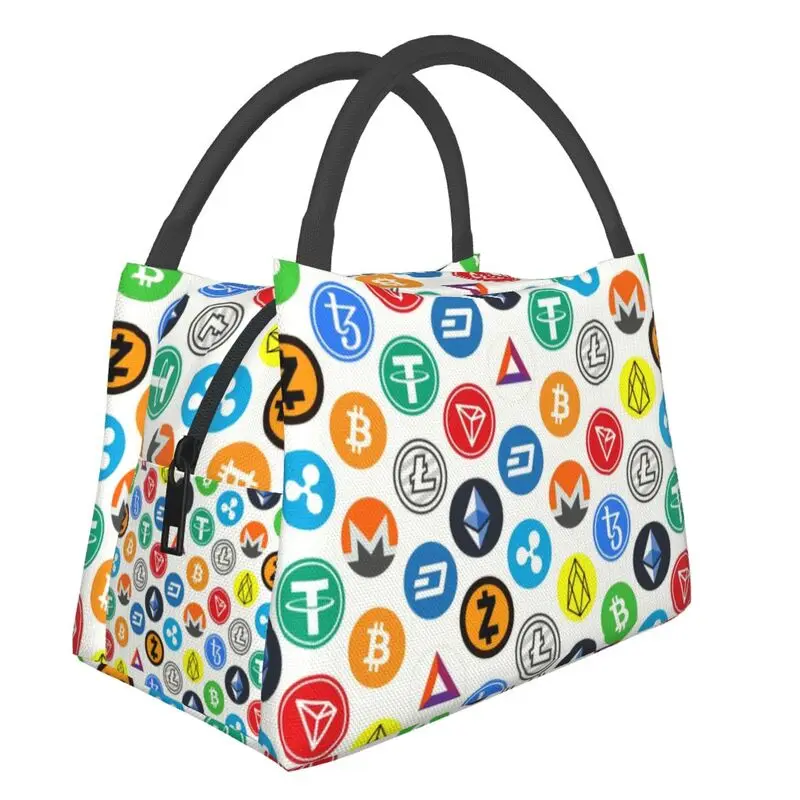 

Crypto Coins Altcoin Blockchain Logo Portable Lunch Boxes for Women Waterproof Bitcoin Ethereum Thermal Cooler Food Lunch Bag