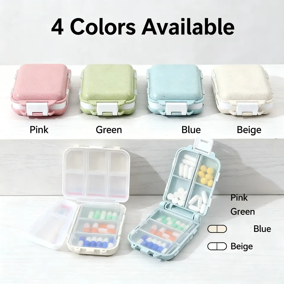  Portable 8 Compartments Double Layer Pill Organizer, Wheat Straw BPA Free Moisture-Proof Pill Box for Travel Daily Use 