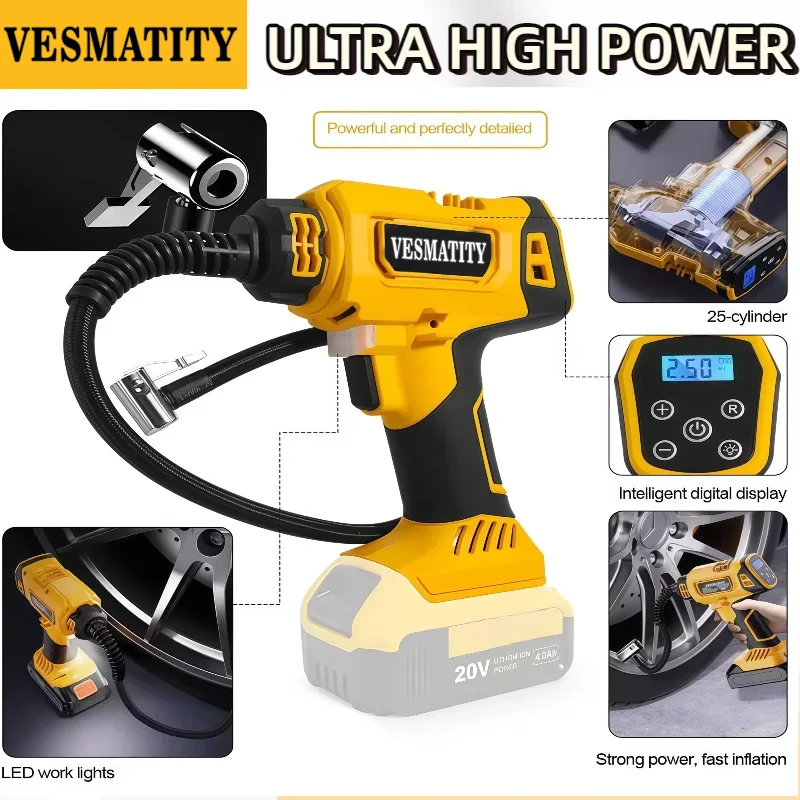 Vesmatity Cordless Car Tire Air Pump Lithium Battery Digital Display LED Light Portable Professional Heavy Duty for 20V Battery