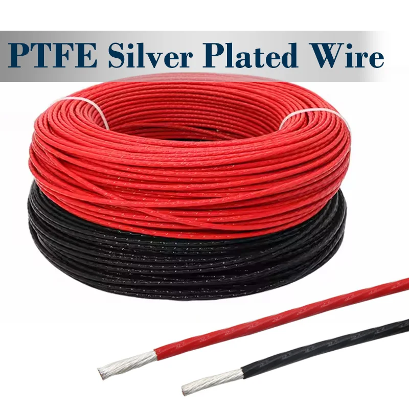 Black Red PTFE Silver Plated Wire 30/28/26/24~13/11/10 AWG Electric DIY High Purity OFC Copper Cable For 3D Printer 1/3/5/10/25M