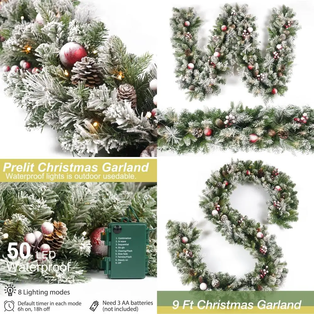 

Рождественская гирлянда из флока длиной 9 футов с 50 лампами, сосновыми шишками, красными шариками и ягодами, таймером в комплекте для использования в помещении и на открытом воздухе